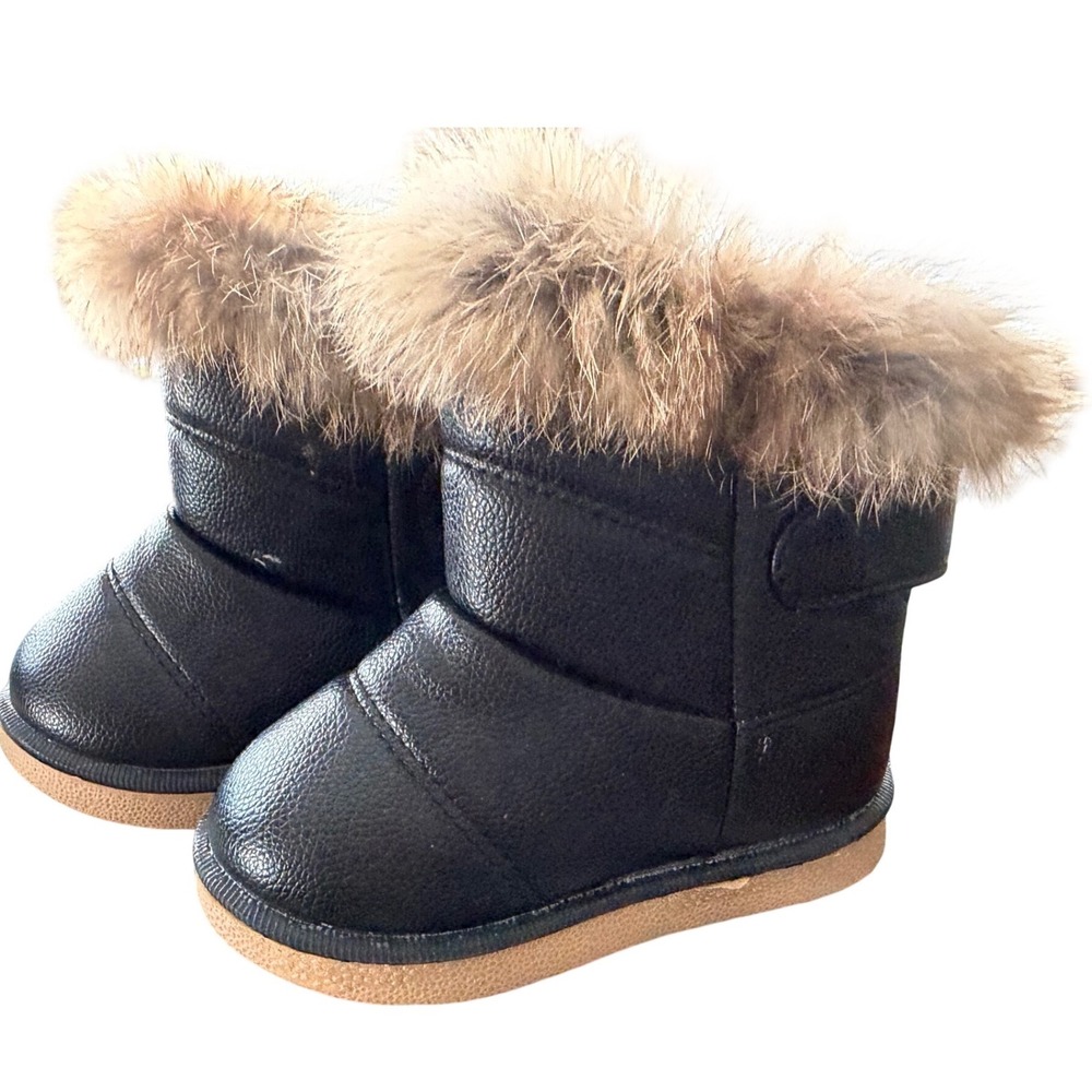 Kids Black Faux Leather Fur Trim Snow Boots Toddler Child Size 4